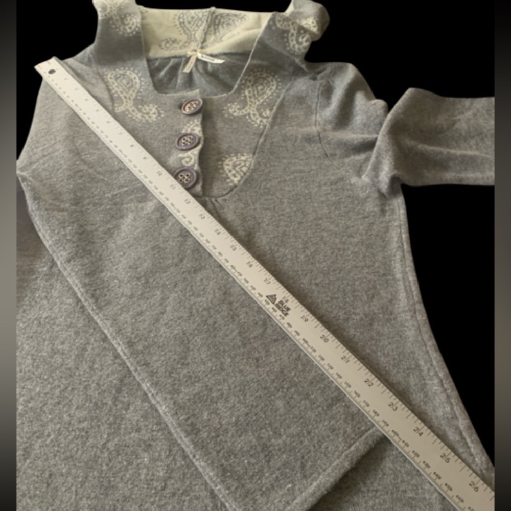 Lapis Wool Hoodie Sweater Tunic Fluted Sleeve Empire Waist Paisley Grey Cream M - Picture 15 of 16